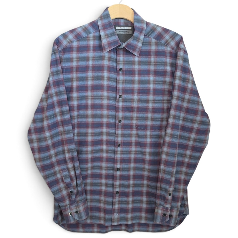 Johnston & Murphy Shirt Mens Medium M Tailored Fit Blue Plaid Long Sleeve Button